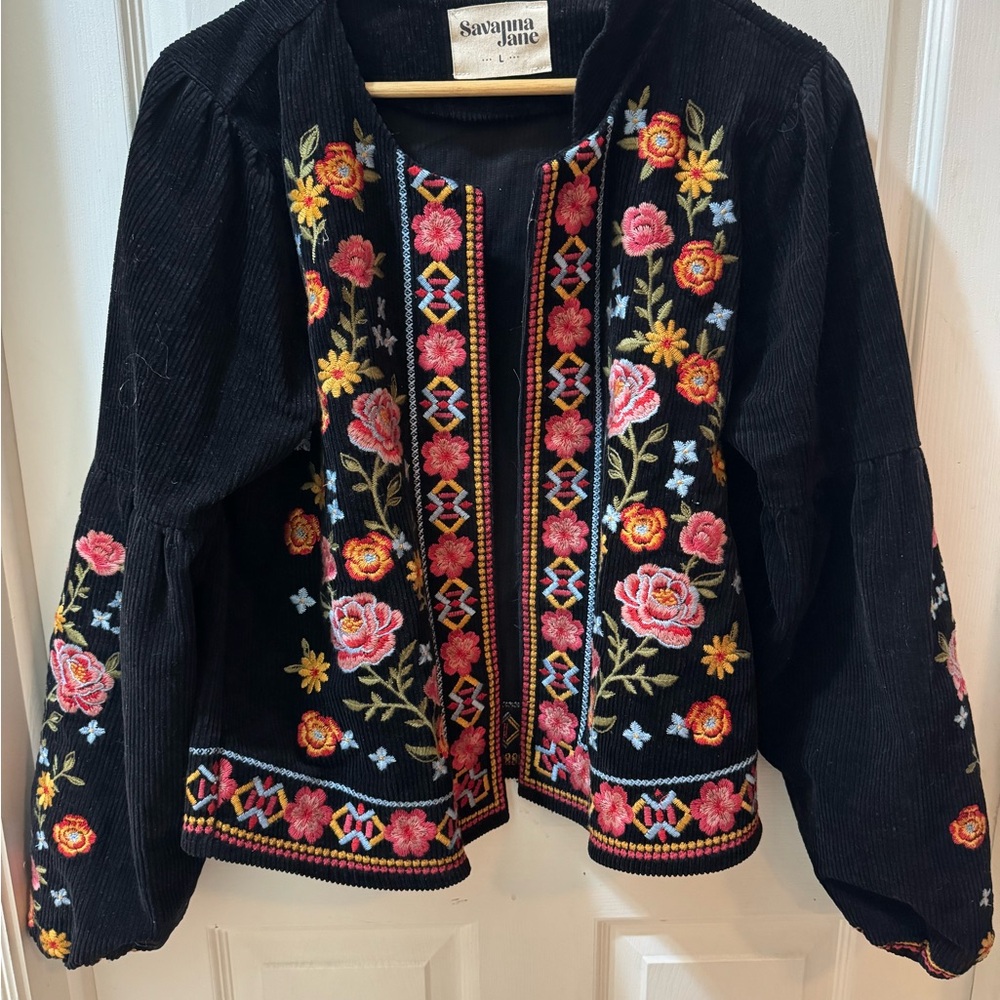 Savanna Jane Black Floral Embroidered Bomber Jacket